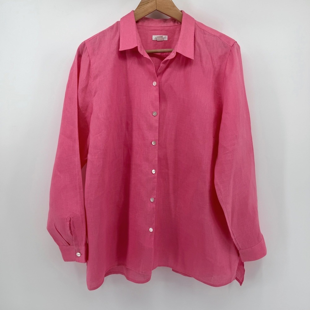 J. Jill Love Linen Essential Shirt‎ Pink Button Down 100% Linen Large Petite